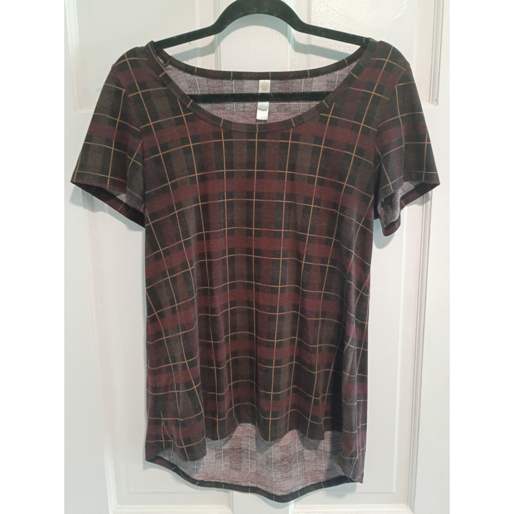 LuLaRoe Randy Tee Womens Small Plaid Burgundy Brown Short Sleeve Scoop Neck Top